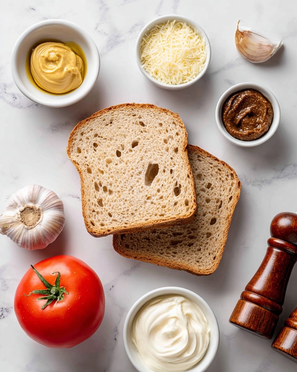 The image shows two slices of light brown bread with holes and a crust, placed slightly overlapping on a white marbled surface. Around the bread, there are small white bowls containing different ingredients: smooth light yellow mustard, dark brown anchovy paste with a thick texture, white creamy mayonnaise, and grated pale yellow Parmesan cheese. There is a whole red tomato with a green stem, a whole garlic bulb with a small root, and a pair of wooden salt and pepper grinders with a rich brown color and silver tops. The layout is neat and clear, with each item labeled in simple black text. Photo taken with an iphone --ar 4:5 --v 7