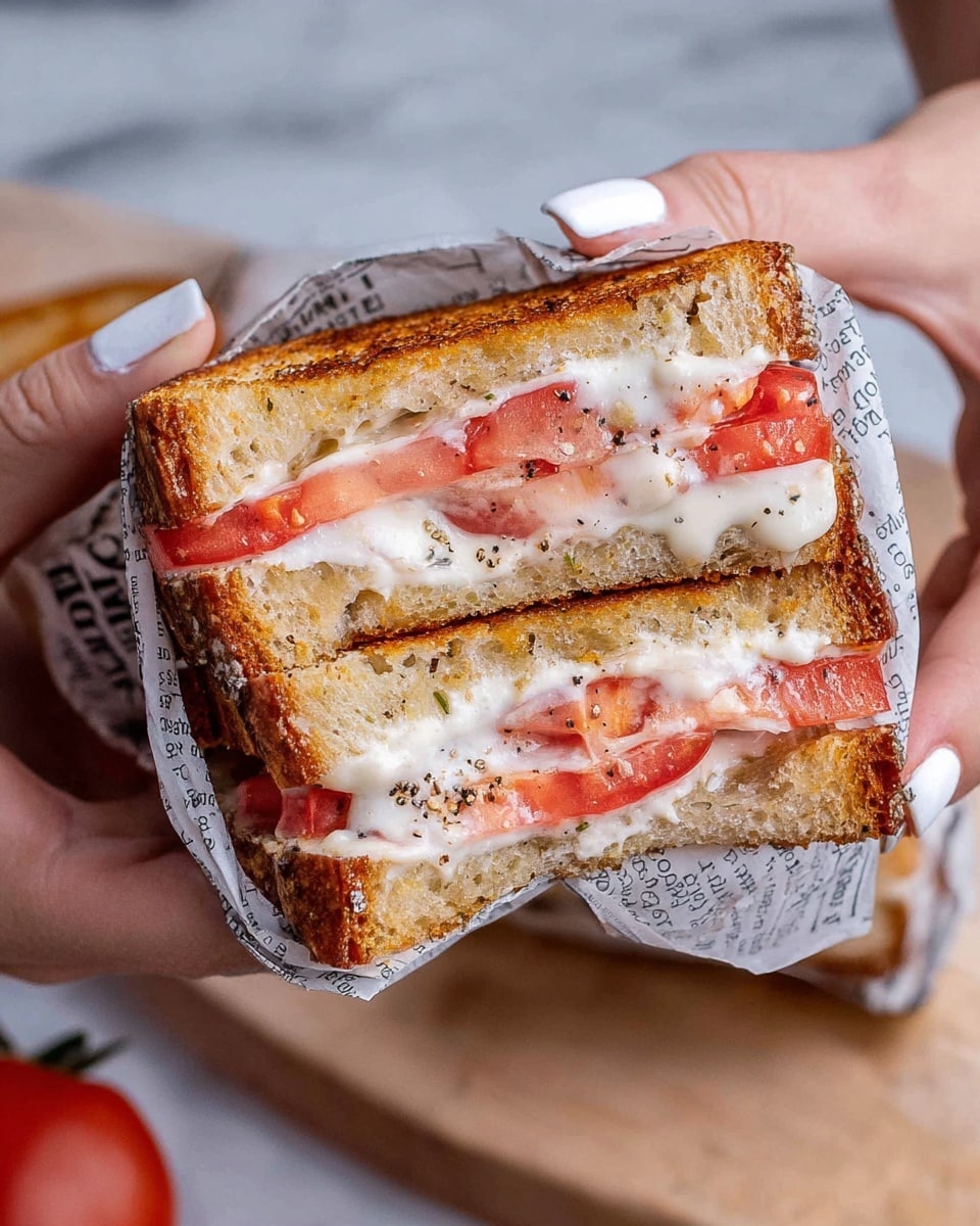 A close-up view of a sandwich held by a woman's hand with white nail polish, wrapped partly in newspaper-style paper. The sandwich has three layers of thick, toasted bread with a golden crust, layered with creamy white sauce and fresh, bright red tomato slices. The sauce appears smooth and slightly melted, spread evenly between the bread and tomatoes, creating a rich texture that slightly drips. There are tiny specks of black pepper on the top layer of sauce. The background shows a light wooden surface and a white marbled texture beneath. photo taken with an iphone --ar 4:5 --v 7