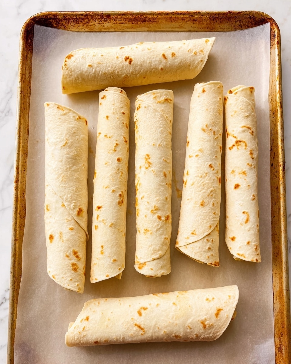 Six rolled tortillas with light brown spots are laid out on a baking sheet lined with parchment paper. The tortillas are evenly spaced in two rows of three, showing a smooth, soft texture with some slight irregular folds. The tray has a worn, slightly rusty edge visible around the top, and the rolls appear to be filled but remain neatly closed with no filling visible from the outside. The background below the tray is a white marbled texture. Photo taken with an iphone --ar 4:5 --v 7