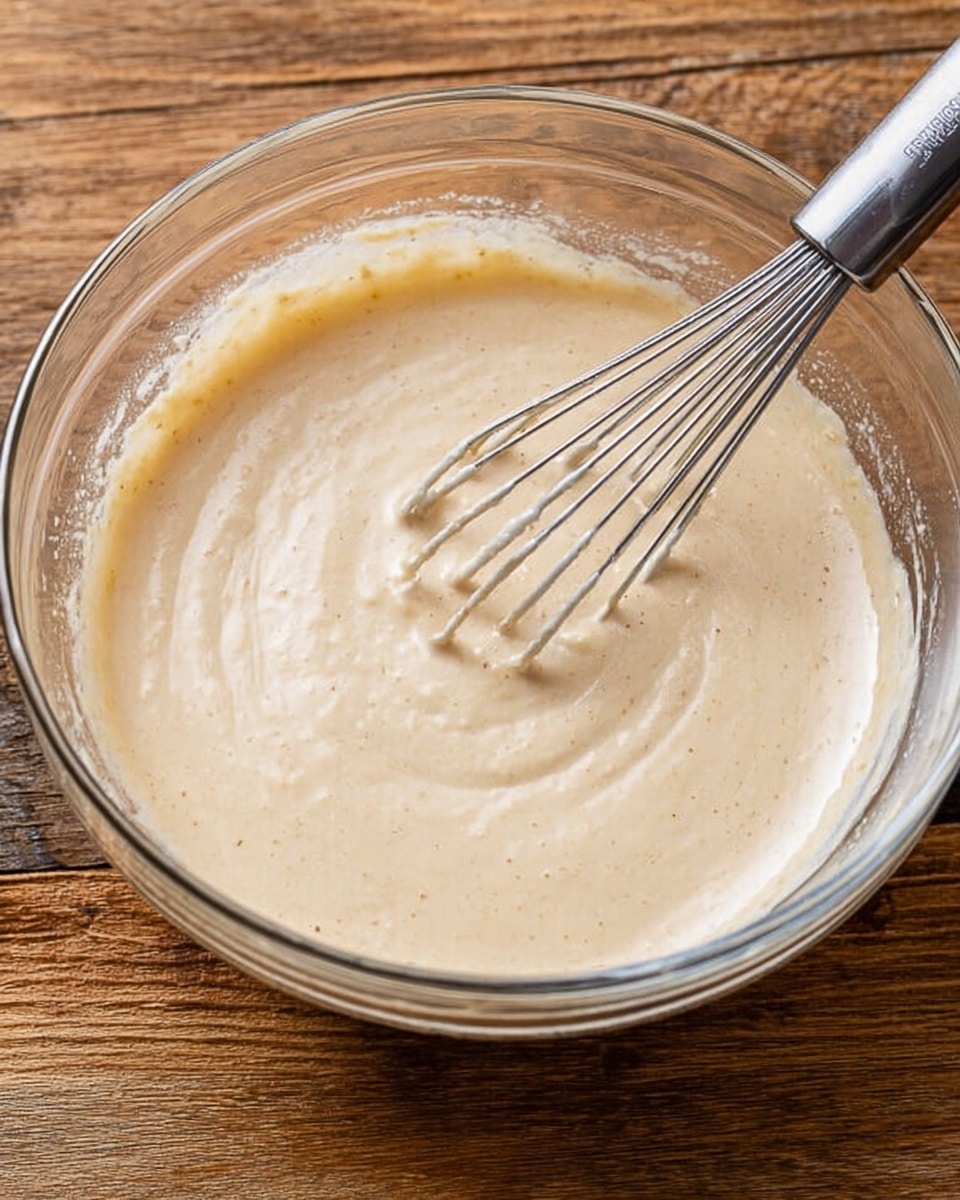 A clear glass bowl filled with light beige batter that has a smooth, creamy texture with tiny specks throughout. A metal whisk with a shiny handle is placed inside the bowl, resting on the batter. The bowl is sitting on a wooden surface. The batter shows slight swirls from mixing, and the edges inside the bowl have a thin film of batter clinging to the sides. Photo taken with an iphone --ar 4:5 --v 7