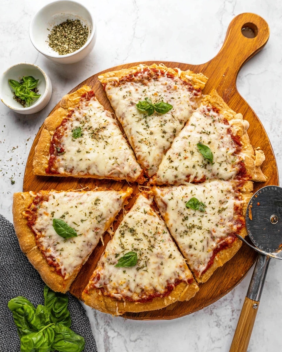 A round pizza is sliced into six pieces on a wooden board with a handle. It has a golden-brown thick crust with melted white cheese covering the top, showing some red tomato sauce underneath. Each slice is sprinkled with green dried herbs and topped with a small fresh green basil leaf. Next to the pizza, there is a small white bowl with dried herbs and another white bowl with fresh green basil leaves on a white marbled textured surface. A metal pizza spatula with a wooden handle is under one slice, slightly lifting it. Photo taken with an iphone --ar 4:5 --v 7
