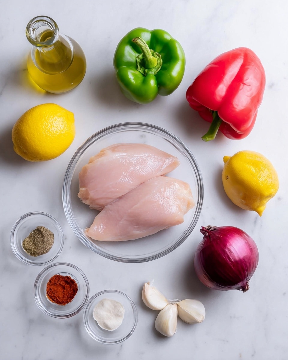 The image shows single layers of raw ingredients arranged neatly on a white marbled surface. In the center, a clear glass bowl holds two pale pink raw chicken fillets with smooth texture. Around it, various fresh vegetables and items are spaced out: a shiny red bell pepper and a shiny green bell pepper sit side by side on the left, a bright yellow lemon and a glossy dark red onion rest on the right. Small clear glass bowls hold four different spices in brown, black, white, and reddish shades at the top center, and three peeled garlic cloves at the bottom right. In the top left corner, there is a clear glass bottle with light golden olive oil. The layout is clean and balanced with vivid natural colors. Photo taken with an iphone --ar 4:5 --v 7