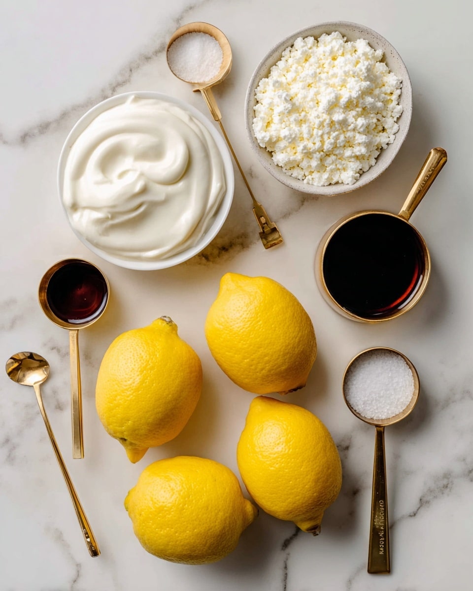 The image shows five bright yellow lemons placed in the center on a white marbled surface. Around the lemons are five gold measuring spoons and cups filled with different ingredients: whipping cream with a smooth, frothy white texture in the top left, cottage cheese with a grainy white texture in the top right, granulated sugar with a fine white texture in the bottom right, dark brown vanilla extract in the bottom left, and fine sea salt in a small spoon at the top center. Each ingredient is labeled with simple black text on a white background next to the containers. Photo taken with an iphone --ar 4:5 --v 7
