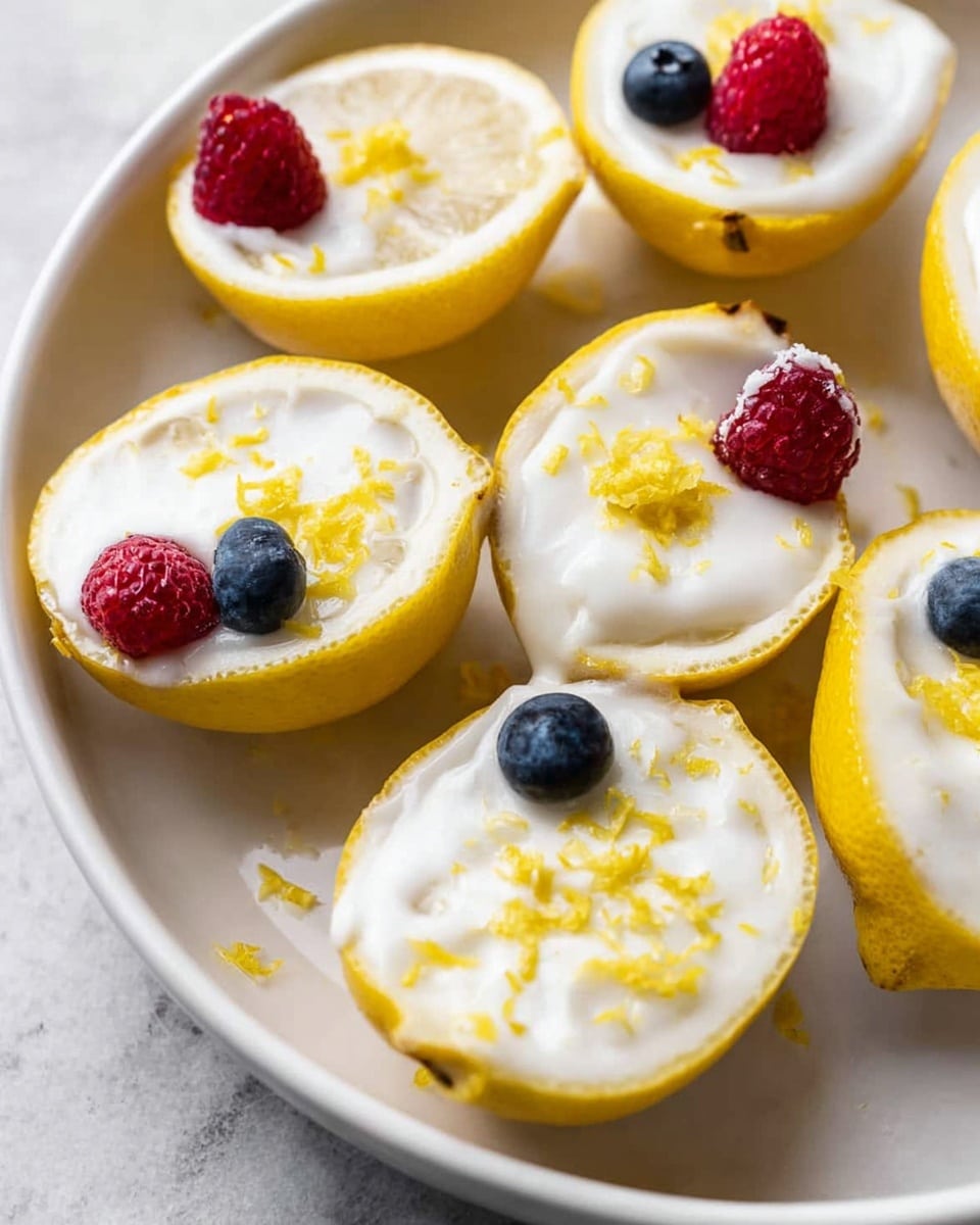 A white plate holds several yellow lemon halves, hollowed out and filled with a smooth white creamy filling. Each lemon half is topped with small bright yellow lemon zest pieces scattered across the cream. Some lemon halves are decorated with one red raspberry and two small blue blueberries placed near the lemon edges, creating a fresh and colorful contrast. The plate sits on a white marbled textured surface. photo taken with an iphone --ar 4:5 --v 7