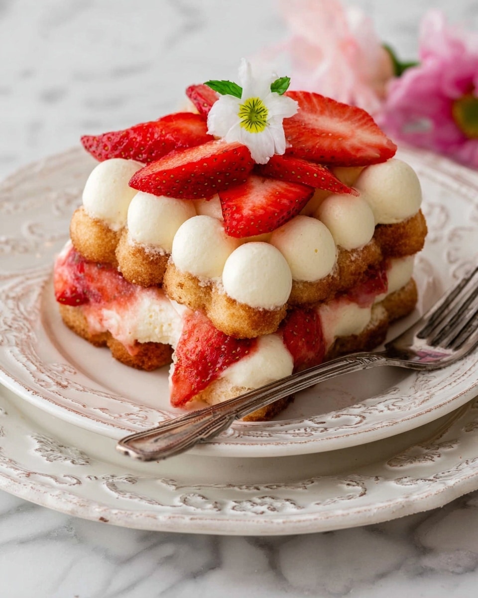 The dessert is a layered tiramisu with three visible layers. The bottom layer is composed of soft, light brown ladyfinger biscuits soaked to a slightly pinkish hue. The middle layer is made of thick, white cream piped in round dollops evenly across the base layer. On top, there is another layer of the soaked ladyfinger biscuits similar to the bottom but placed side by side and topped with more white cream dollops. The dessert is finished with slices of fresh, bright red strawberries arranged on the top, alongside a small white edible flower with a green leaf for decoration. It is served on a white plate with an ornate pattern, placed over another white plate with a similar design, all set on a white marbled surface. A silver fork lies to the right of the dessert. photo taken with an iphone --ar 4:5 --v 7