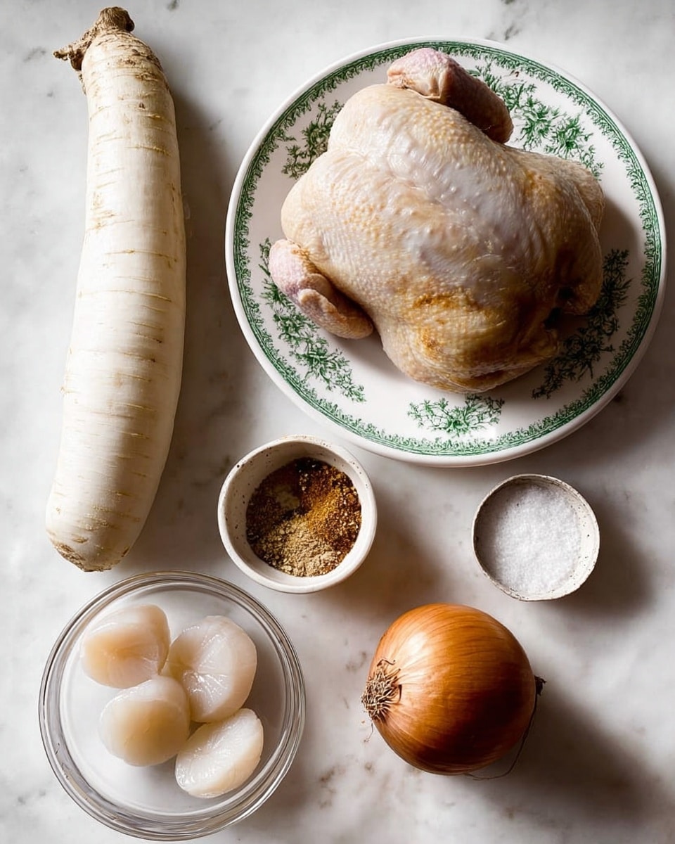 The image shows raw ingredients arranged on a white marbled surface, including a whole raw chicken placed on a white plate with green floral patterns, a large long white radish positioned vertically on the left, and a round brown onion at the bottom right. There is also a fresh ginger root placed to the right of the radish and onion, a small white bowl filled with a mixed spice blend just below the chicken, and a small off-white bowl containing salt further to the right. In addition, a clear glass bowl contains five round scallops, located to the left of the chicken and above the radish. The scene is well lit with soft natural light, showing clear texture details of each ingredient photo taken with an iphone --ar 4:5 --v 7