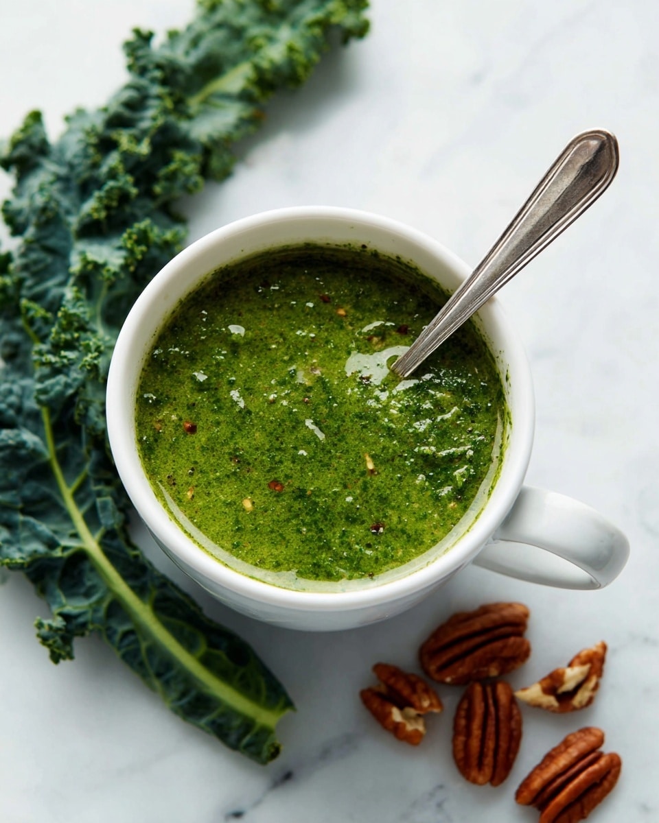 A white cup filled with thick green pesto sauce showing small bits of ingredients and a slightly oily texture on top, with a silver spoon resting inside the cup. Around the cup on a white marbled surface lie some dark green kale leaves and several pecan halves with their characteristic brown color and ridge texture. The scene is bright and clean, focusing on the rich, fresh green color of the pesto. Photo taken with an iphone --ar 4:5 --v 7