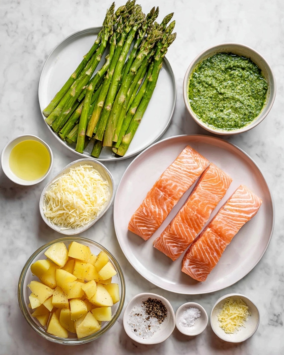 The image shows a flat lay of fresh cooking ingredients on a white marbled surface. In the upper left, there is a white plate with bright green asparagus spears laid side by side. To the right of it, there is a small white bowl filled with bright green herb sauce, likely pesto, with a textured surface. Below the asparagus, there is a small white bowl containing a light yellow liquid, next to another small white bowl filled with shredded pale cheese. Centered to the right, a white plate holds three raw salmon fillets, each with smooth, light orange flesh marked by thin white lines. At the bottom left, a clear glass bowl is filled with chopped yellow potatoes. Scattered around the bowl are three small white bowls with finely minced yellow garlic, black pepper, and white salt. All items are neatly arranged and brightly lit, giving a fresh and clean feel, photo taken with an iphone --ar 4:5 --v 7