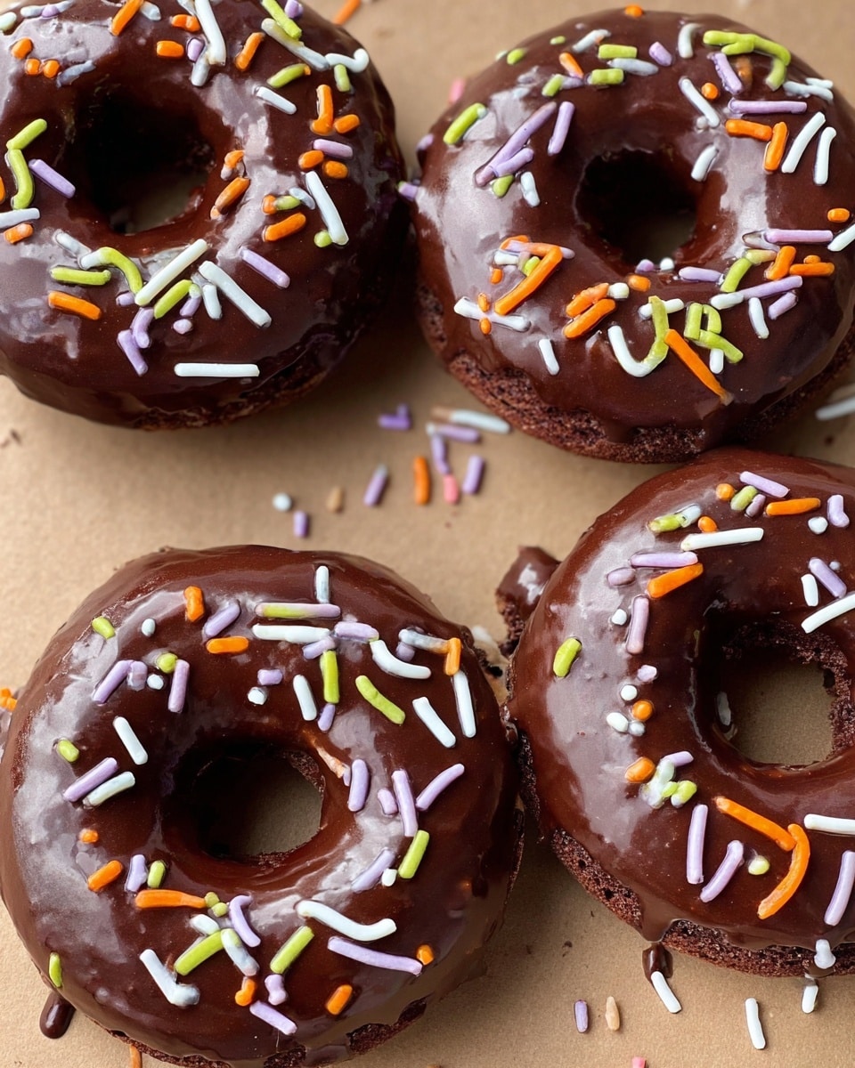 The image shows four round chocolate donuts with one hole each, covered in shiny, smooth chocolate glaze dripping slightly down the sides. Each donut is topped with colorful, long sprinkles in white, orange, green, purple, and yellow scattered evenly over the glaze. The donuts rest on a light brown surface with a few loose sprinkles around them. The donuts have a soft, sponge-like texture beneath the glaze, and the chocolate coating looks glossy and rich. Photo taken with an iphone --ar 4:5 --v 7