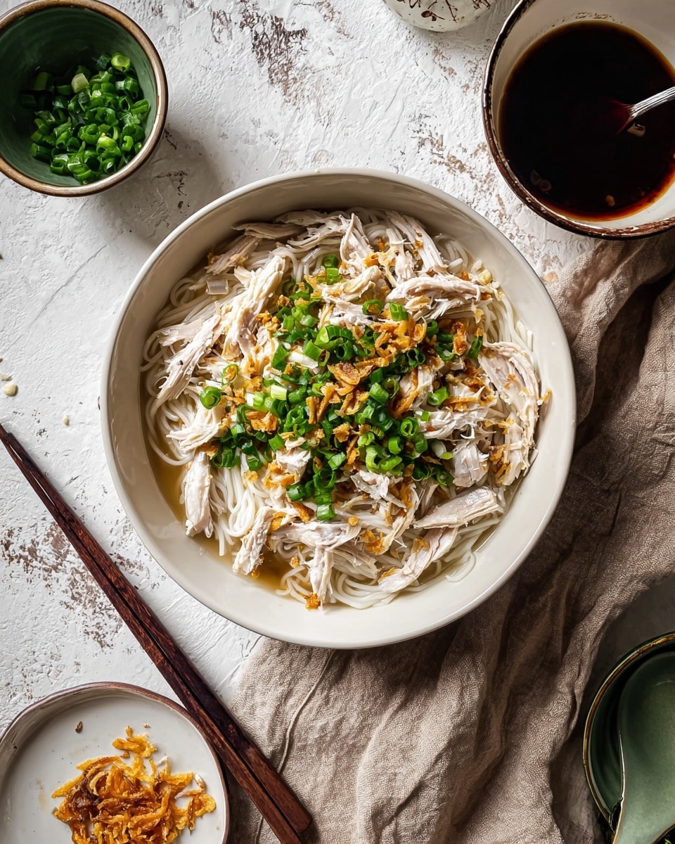 A white bowl is filled with three layers: the bottom layer is smooth, white noodles, the middle layer has light shredded chicken with a slightly dry texture, and the top layer is sprinkled with bright green chopped scallions and small golden-brown fried garlic bits. The bowl sits on a white marbled textured surface with a beige cloth nearby and a pair of dark wooden chopsticks resting beside it. Around the bowl, there is a white bowl with dark soy sauce and a spoon, a small white plate with more golden fried garlic, and a green bowl containing extra chopped scallions. photo taken with an iphone --ar 4:5 --v 7