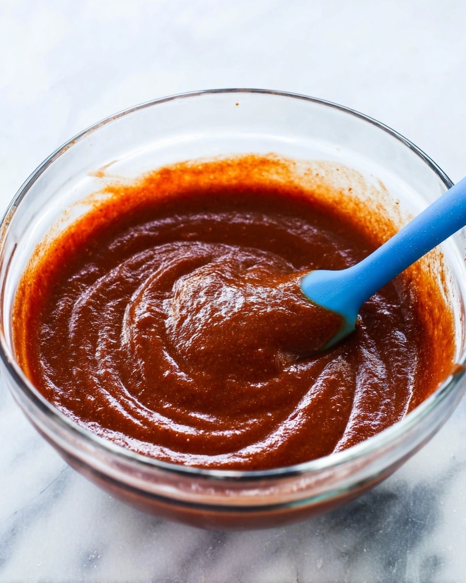 A clear glass bowl filled with smooth, thick, deep reddish-brown sauce. The surface of the sauce shows swirled textures from being stirred. A blue silicone spatula with some sauce on its tip is resting inside the bowl on the right side. The bowl is placed on a white marbled surface, and the lighting highlights the sauce's glossy and rich texture. Photo taken with an iphone --ar 4:5 --v 7