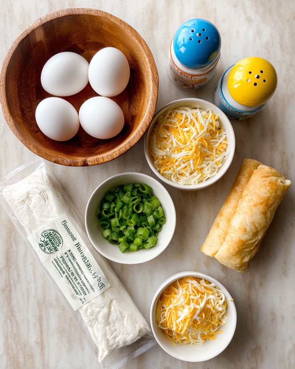 A wooden bowl holds four smooth white eggs, placed near a small white bowl filled with shredded yellow and white cheese. Next to it is a small white bowl with chopped green onions. Two ceramic salt and pepper shakers with colorful tops, one yellow and one blue, sit nearby. Alongside these ingredients lies a white packaged puff pastry roll. All items are arranged neatly on a white marbled surface. Photo taken with an iphone --ar 4:5 --v 7