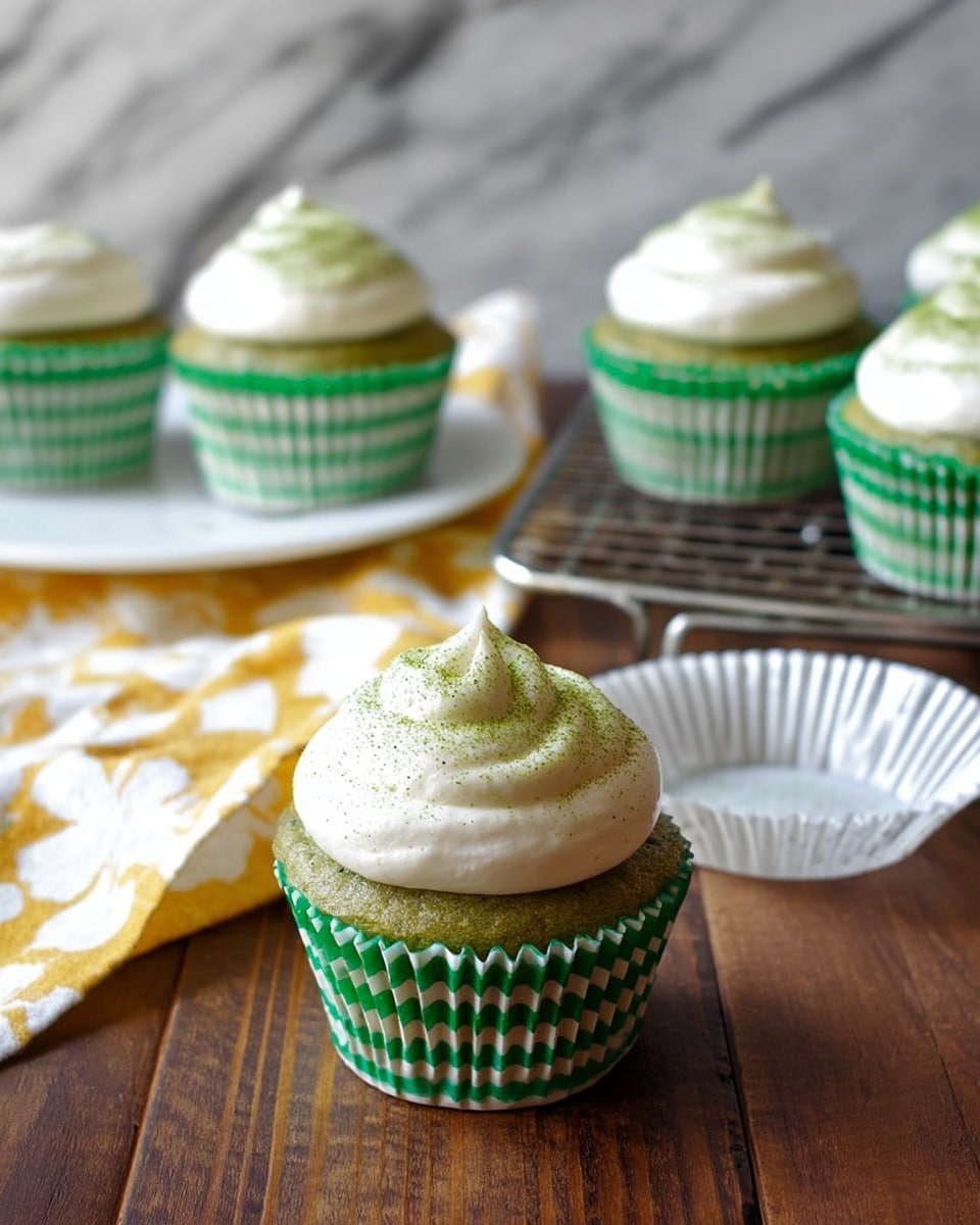 A green cupcake sits centered in a white cupcake liner with green stripes, topped with a thick swirl of white frosting sprinkled lightly with green powder. Behind it, another cupcake with the same frosting and green base rests on a white cloth with yellow patterns, while three more cupcakes await cooling on a rack in the background. Two empty white cupcake liners with green stripes are also visible beside the main cupcake. The surface is a dark wooden table, and the background includes a white marbled texture. photo taken with an iphone --ar 4:5 --v 7