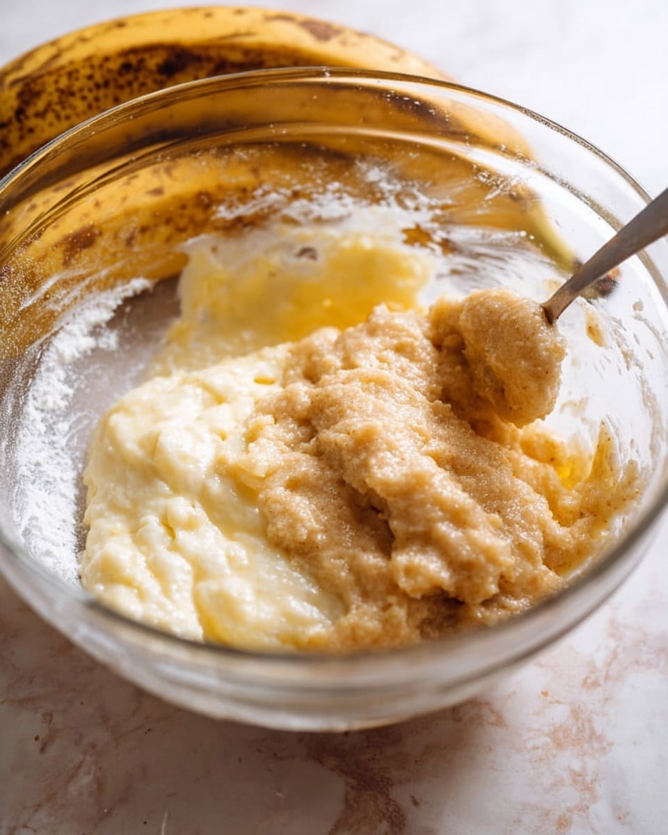 A clear glass bowl holding two main layers: the bottom layer is light yellow, creamy, and fluffy butter sugar mix with a soft whipped texture, while the top layer is a thick, golden brown, mashed banana mixture with a slightly chunky texture. The mixtures are partly combined, with a steel spoon partially immersed on the right side, blending the two layers gently. In the blurry background, two whole ripe bananas with brown spots rest on a white marbled surface, giving a warm, natural feeling. photo taken with an iphone --ar 4:5 --v 7