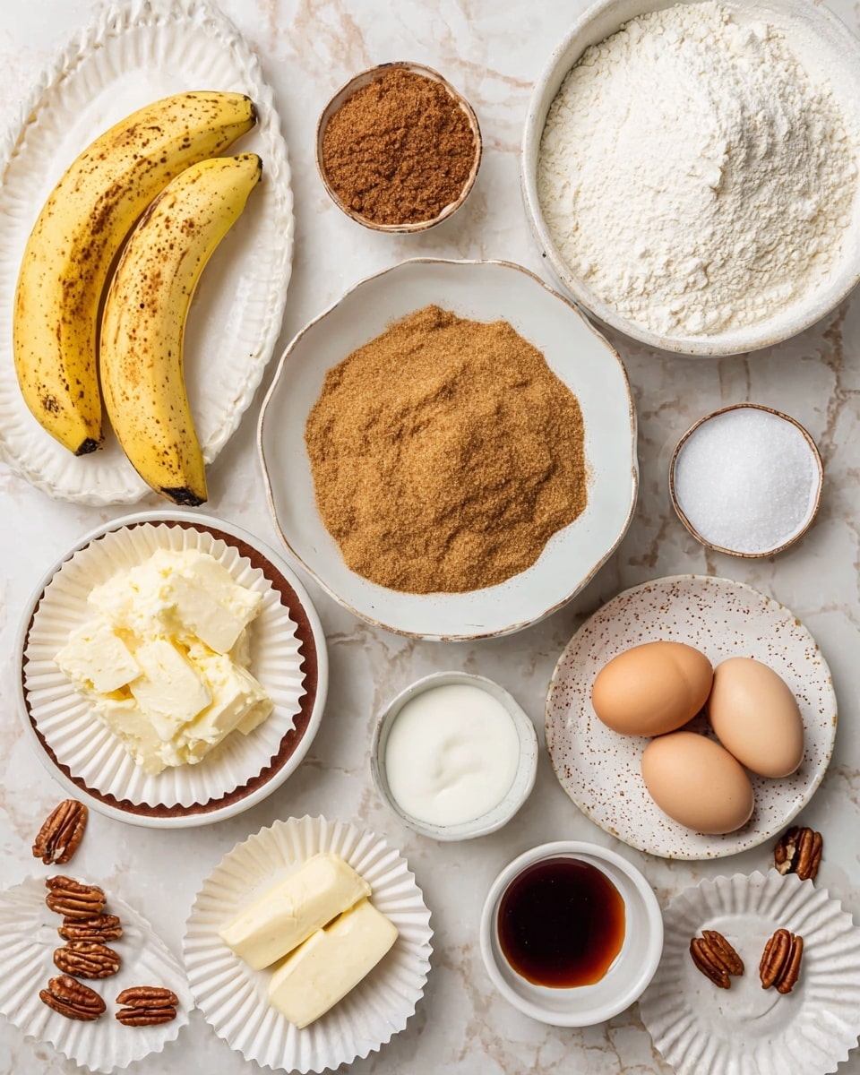 The image shows an overhead view of several white bowls and plates with baking ingredients on a white marbled surface. There are two peeled bananas and some flattened mashed banana on a white plate with a brown rim at the bottom left. Above the bananas, a small white bowl holds white granulated sugar with a scalloped edge. Next to that, a slightly larger white bowl contains packed brown sugar. In the upper right, a large white bowl is filled with white flour mixed with small piles of cinnamon and baking soda. To the right of the bananas, a small white plate with brown speckles holds two whole eggs and a stick of butter wrapped in paper. Below that, a small bowl contains white sour cream, and next to it, there is a tiny bowl with a dark brown liquid, likely vanilla extract. Off to the top left, a small bowl contains whole pecans. Around the bowls, there are white cupcake liners scattered on the marble surface. photo taken with an iphone --ar 4:5 --v 7