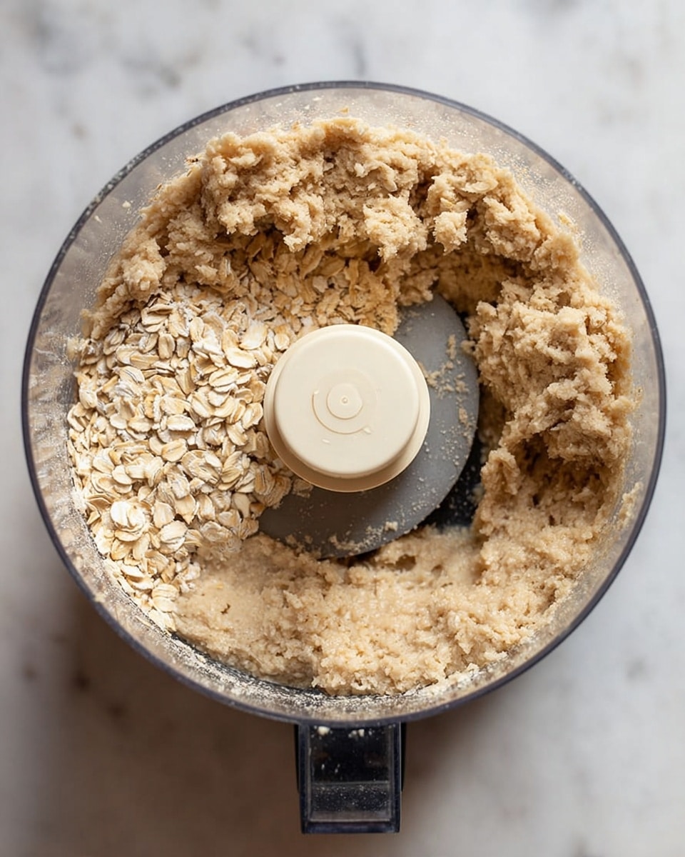 A top view of a clear food processor bowl showing a mixture of dough and whole oats inside. The dough is light brown and crumbly, pushed to the sides of the bowl, with a round cream-colored plastic blade piece in the center. One section of the bowl has whole oats scattered on top of the dough, light tan with a slightly rough texture. The food processor is sitting on a white marbled surface. photo taken with an iphone --ar 4:5 --v 7
