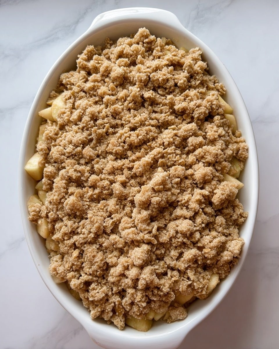 An oval white dish is filled with two visible layers: the bottom layer is chopped pale yellow apples, and the top layer is a thick, crumbly, light brown oat mixture covering the apples evenly. The texture of the top layer looks coarse and crunchy. The dish is placed on a white marbled surface. photo taken with an iphone --ar 4:5 --v 7