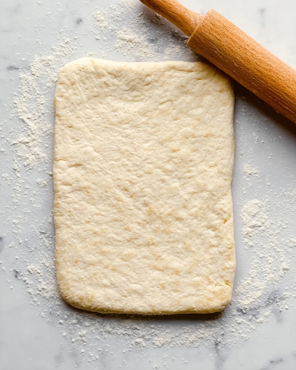 A rectangular piece of dough rolled out flat on a white marbled surface, with slightly rounded corners and a smooth texture showing small bubbles and light flour dust scattered around. A wooden rolling pin is placed on the upper right side of the dough, with part of it visible. The dough has an even light beige color, with a soft and pliable look, and small uneven bumps across the surface. photo taken with an iphone --ar 4:5 --v 7
