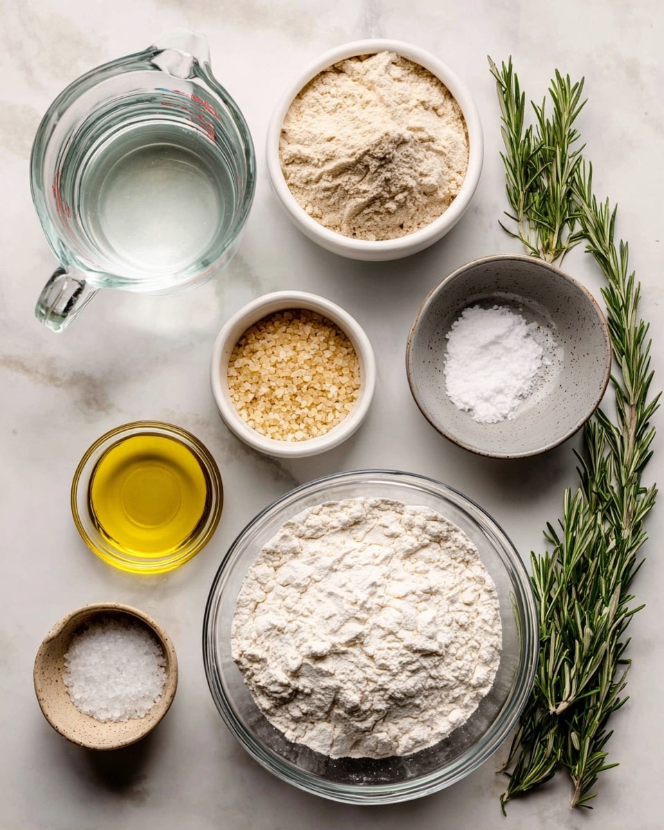 The image shows several clear and white bowls and a clear measuring jug arranged on a white marbled textured surface, each with different baking ingredients. In the center bottom is a large glass bowl filled with white bread flour, while to the left is a clear measuring jug filled with water. Above the bread flour is a small clear bowl with golden olive oil. To the upper left is a medium white bowl containing light brown whole wheat flour. Near the top center, a small white bowl holds beige yeast granules. To the upper right is a grey bowl with white flaky salt, and below it is a small tan bowl with regular white salt. Green rosemary sprigs lie along the right edge of the image. Each ingredient is labeled with black and white text. Photo taken with an iphone --ar 4:5 --v 7