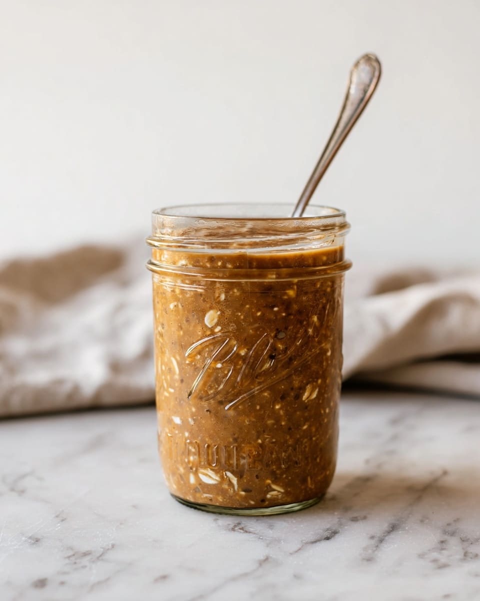 A clear glass jar filled with a thick, brown mixture containing visible pieces of oats throughout. The jar has embossed lettering and a metal spoon stands inside it, slightly tilted to the right. The jar sits on a white marbled surface with a blurred light-colored cloth in the background. The overall look is simple and rustic. photo taken with an iphone --ar 4:5 --v 7