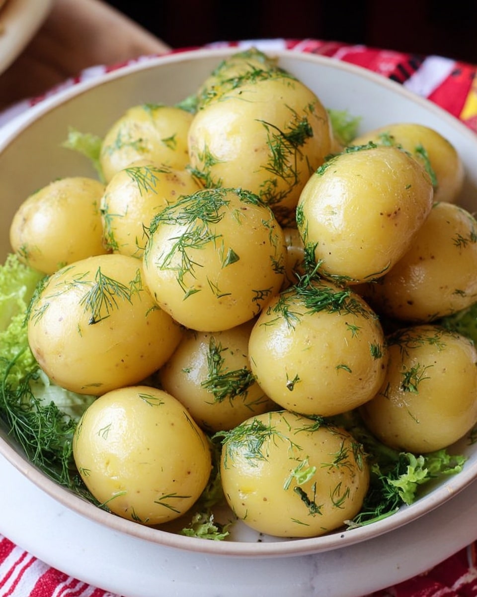 A round white bowl filled with about ten small yellow boiled potatoes piled in the center. The potatoes have a smooth, slightly shiny texture and are sprinkled with fresh green dill leaves mostly on top and some in the middle layers. Around the bowl’s edge, there are bits of green lettuce peeking through, adding a hint of color contrast. The bowl sits on a white marbled surface with parts of a red and white striped cloth visible blurred in the background. Photo taken with an iphone --ar 4:5 --v 7