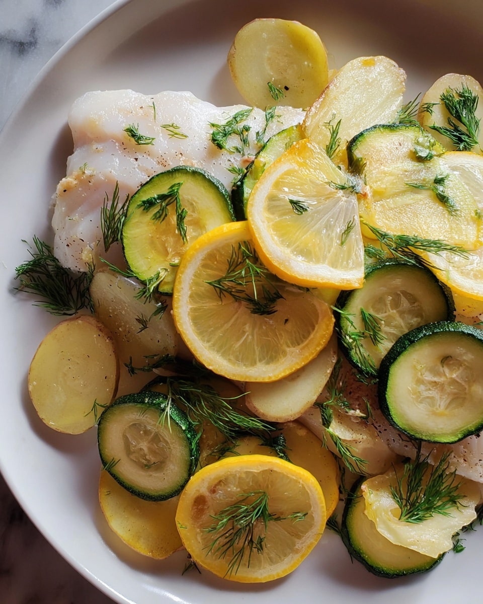 The image shows a dish with a white piece of fish as the base layer, topped with several slices of yellow lemon, green zucchini, and pale yellow potato slices, all scattered across the fish. Small green dill leaves are sprinkled over the vegetables and fish, adding a fresh touch. The textures show the softness of the cooked fish, the smoothness and slight translucency of the lemon slices, and the firm, slightly browned edges of the potato and zucchini. The dish is on a white plate placed on a white marbled surface. photo taken with an iphone --ar 4:5 --v 7