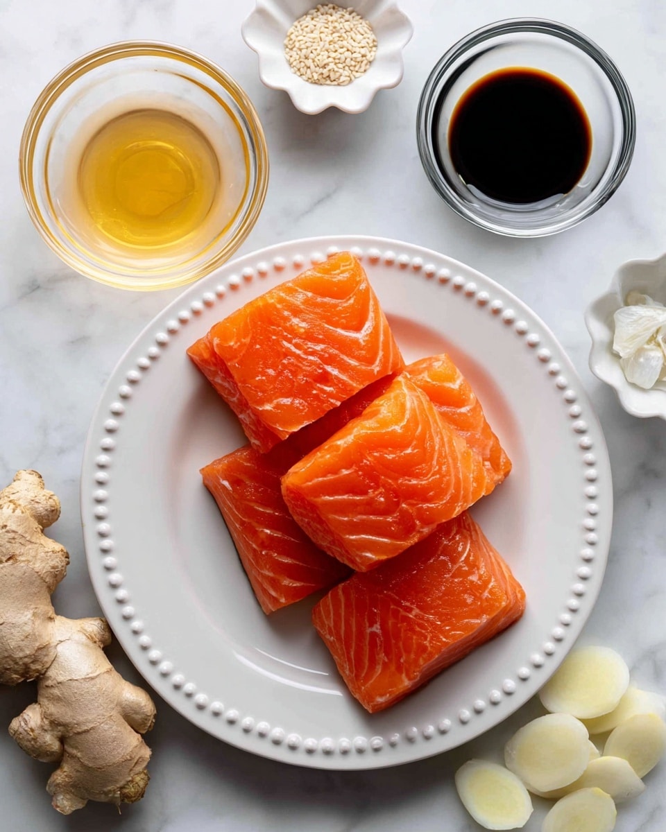 The image shows four bright orange salmon pieces stacked on a white plate with small raised dots around the edge, placed on a white marbled surface. Around the plate are small containers and individual ingredients: a clear glass cup with dark brown soy sauce at the top right, a small white scalloped bowl with light brown sesame oil at the top left, a clear glass bowl with golden honey at the bottom left, and close to the bottom right there are three peeled white garlic cloves next to a few slices of light tan ginger, all on the marbled surface. Photo taken with an iphone --ar 4:5 --v 7