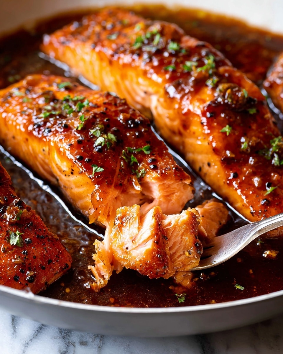 The image shows a close-up of three salmon fillets in a white pan, covered with a shiny, sticky sauce that is dark reddish-brown, with visible black pepper and small green herb bits on top. The salmon is cooked to a golden orange color with a slightly crispy texture on the surface. One fillet is being pulled apart by a fork, showing soft, light pink layers inside, exposing the moist and flaky texture of the fish. The sauce pools around the fillets, adding rich color and gloss. The background is a white marbled texture. Photo taken with an iphone --ar 4:5 --v 7
