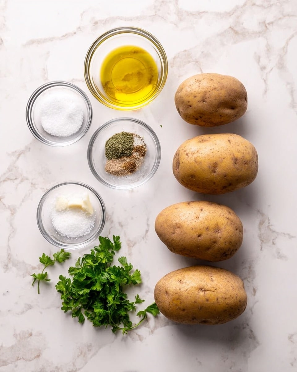 The image shows four whole brown potatoes neatly arranged in a vertical line on the right side of a white marbled surface. On the left side, there are five small clear glass bowls placed in a loose grid, each containing different ingredients: olive oil with a golden yellow color at the top, white salt crystals, white sugar granules, a mix of black pepper and garlic powder, and fresh green parsley leaves. The bowls and potatoes are spaced evenly, creating a clean and organized look. photo taken with an iphone --ar 4:5 --v 7