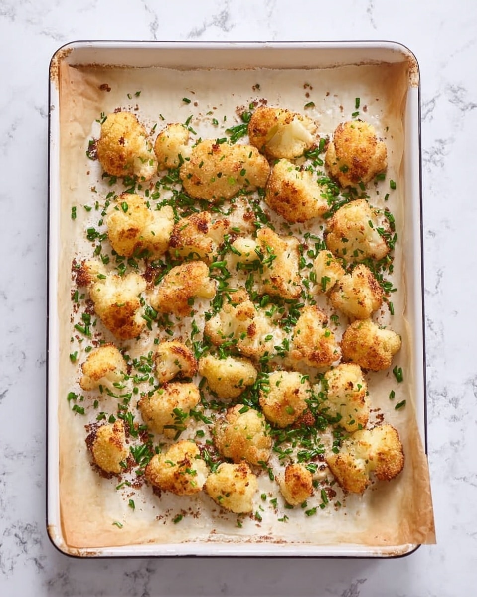 A white rectangular baking tray with a light brown crust on the edges holds many small golden brown roasted cauliflower pieces. The cauliflower is spread out evenly on a piece of light beige parchment paper covering the tray. Bright green chopped herbs are scattered over and around the cauliflower chunks. The tray is placed on a white marbled surface. photo taken with an iphone --ar 4:5 --v 7