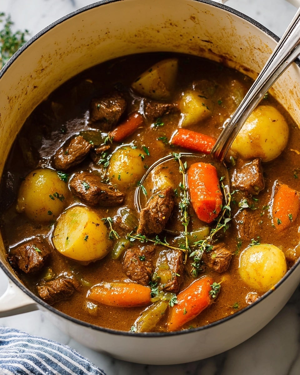 A white pot filled with thick beef stew showing several layers of ingredients: brown chunks of tender beef, bright orange carrot slices, yellow baby potatoes, and light green celery pieces all mixed in a rich brown gravy base. Sprigs of fresh green thyme are scattered over the stew, adding small touches of color and texture. A metal ladle rests inside the pot, partially dipped into the stew. The pot sits on a white marbled surface with a blue-striped cloth nearby. photo taken with an iphone --ar 4:5 --v 7