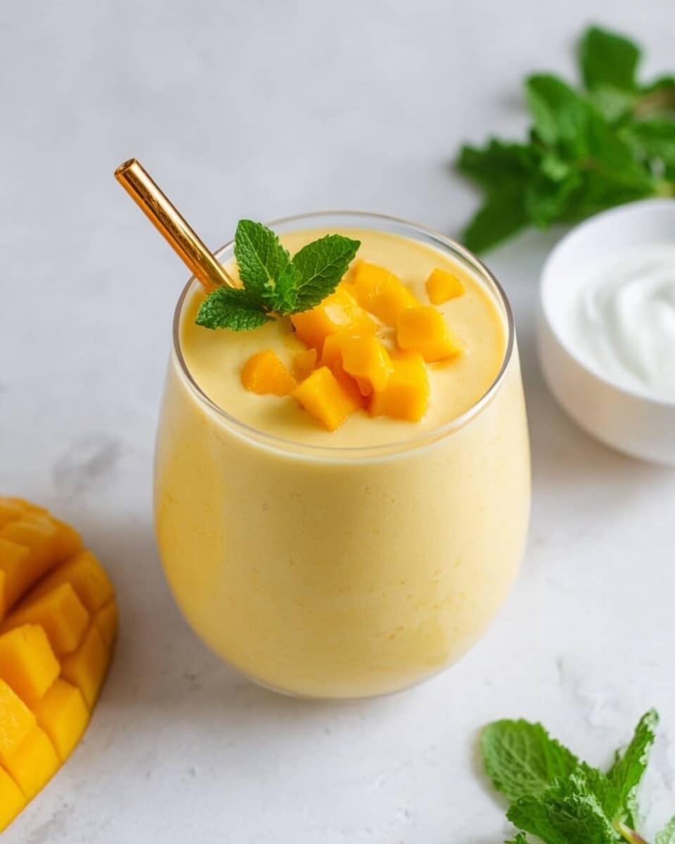 A creamy yellow mango smoothie fills a clear round glass, topped with small bright orange mango cubes and a fresh green mint leaf beside a golden straw on the left side. The glass sits on a white marbled surface with a small white bowl of white yogurt near the top right and some green mint leaves at the top left. Part of a sliced mango is visible at the bottom left corner. Photo taken with an iphone --ar 4:5 --v 7