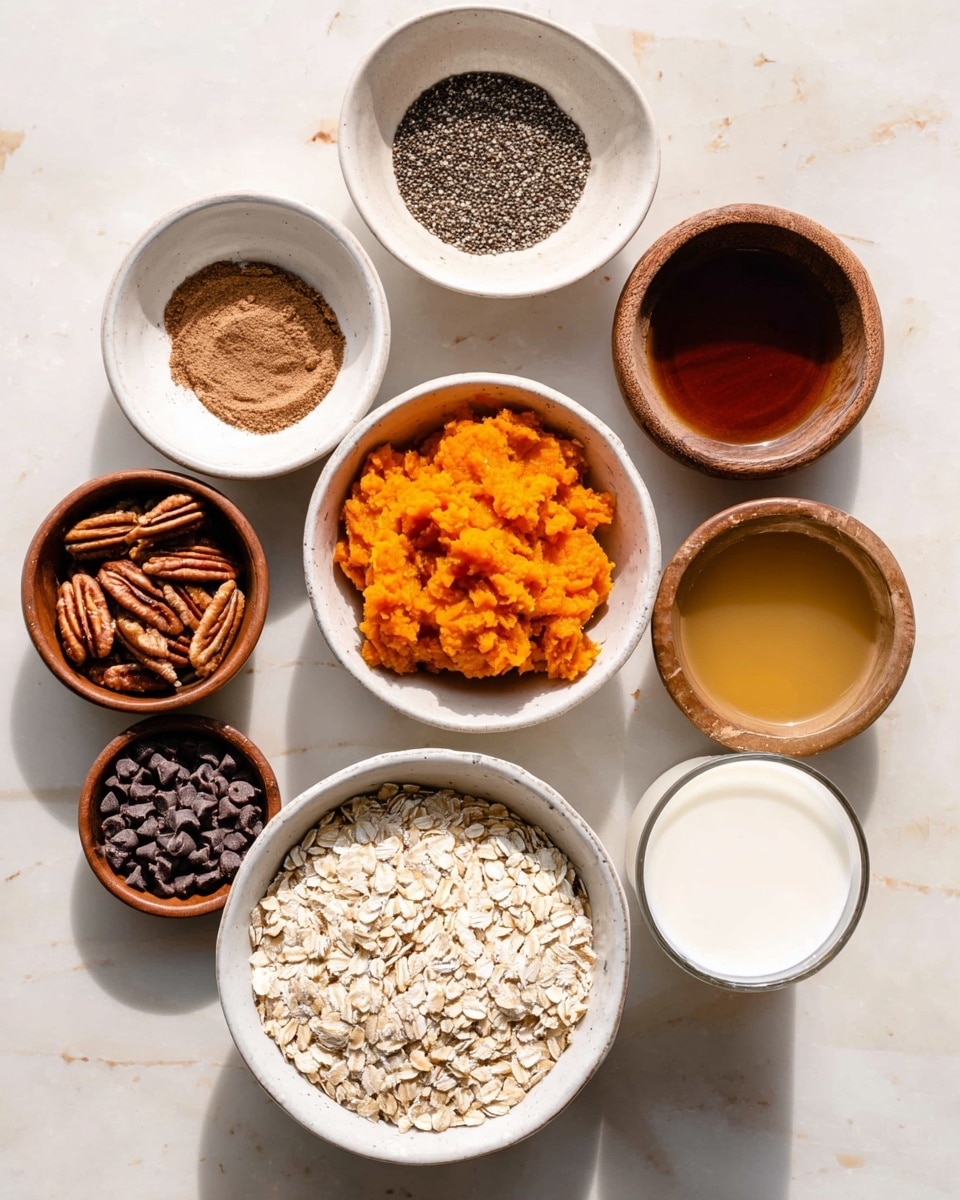 A top view showing nine white and wooden round bowls and a clear glass cup on a white marbled surface, arranged in a loose circle with a large white bowl filled with light beige oats at the bottom center; above it, a white bowl holding bright orange mashed pumpkin; to its left, a wooden bowl with chopped pecans; above that, a small white bowl with light brown cinnamon powder; next to that, a tiny wooden bowl containing black chia seeds; to the right of the pumpkin bowl, a wooden bowl filled with small dark brown chocolate chips; above it, a white bowl with dark amber liquid; next to that, a white bowl with golden liquid; and at the bottom right, a clear glass cup filled with creamy white milk; the bowls cast soft shadows on the white marbled surface photo taken with an iphone --ar 4:5 --v 7