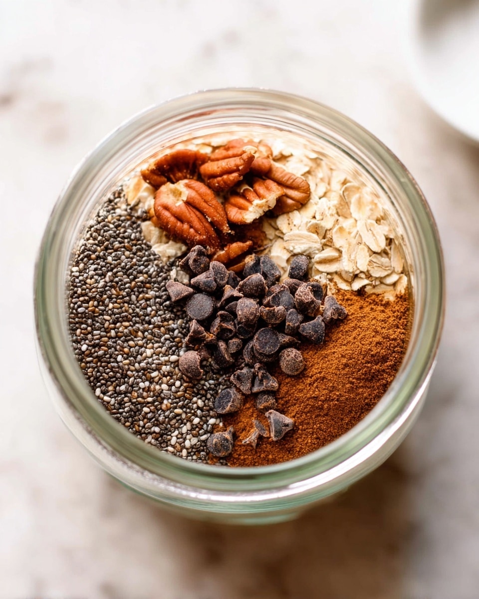 A clear glass jar is shown from the top, containing separate layers of ingredients. Starting from the bottom left, there is a dense cluster of small, round chia seeds in black and white. Next to the chia seeds toward the center are small, dark brown chocolate chips grouped in a small pile. Above that and to the right, there are medium-sized orange-brown pecan pieces resting on a layer of light beige rolled oats. The last layer, closer to the left, is a pile of fine brown cinnamon powder. The jar is placed on a white marbled surface, and a white bowl partially appears on the upper right edge of the image. Photo taken with an iphone --ar 4:5 --v 7