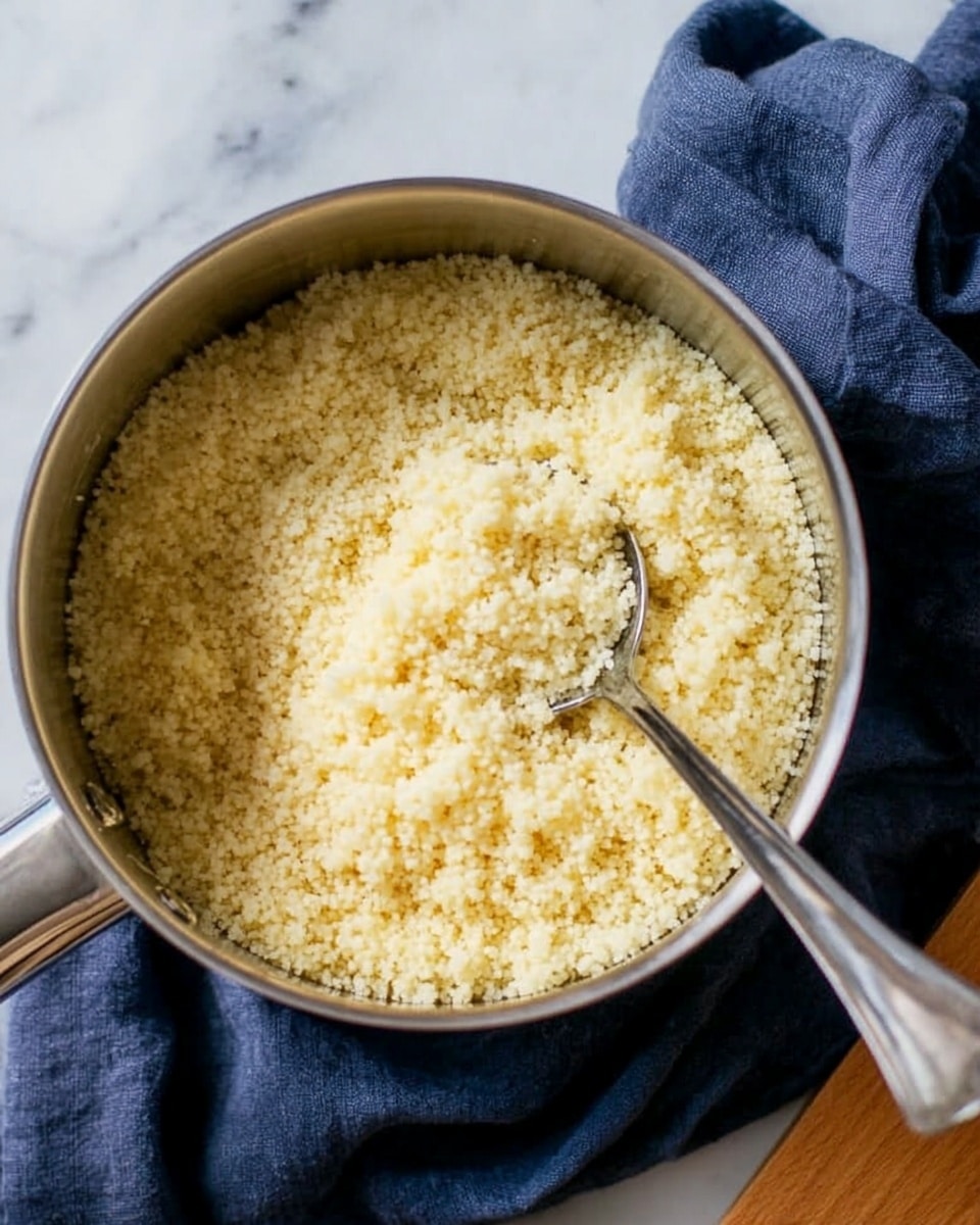 A metal saucepan filled with light yellow couscous grains that have a soft and fluffy texture, with a shiny metal spoon resting inside the pan on the right side. The pan is placed on a white marbled surface, and a dark blue cloth napkin is partially visible underneath the pan on the left side. To the right bottom corner, there is a light wooden cutting board partly showing. The lighting is soft and natural, highlighting the couscous texture and the reflective metal of the pan. Photo taken with an iphone --ar 4:5 --v 7