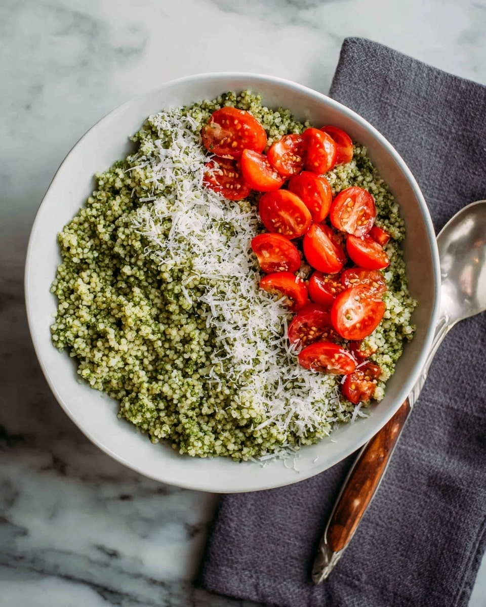 A white bowl filled with three layers of food sits on a white marbled surface. The bottom and largest layer is green, made of small grain-like pieces mixed with herbs giving it a textured look. On top of this green layer, there is a small pile of bright red cherry tomato halves arranged mostly on one side of the bowl. Over both the green grains and tomatoes, there are small white shavings sprinkled lightly. Next to the bowl, a silver spoon with a wooden handle rests on a dark gray cloth. Photo taken with an iphone --ar 4:5 --v 7