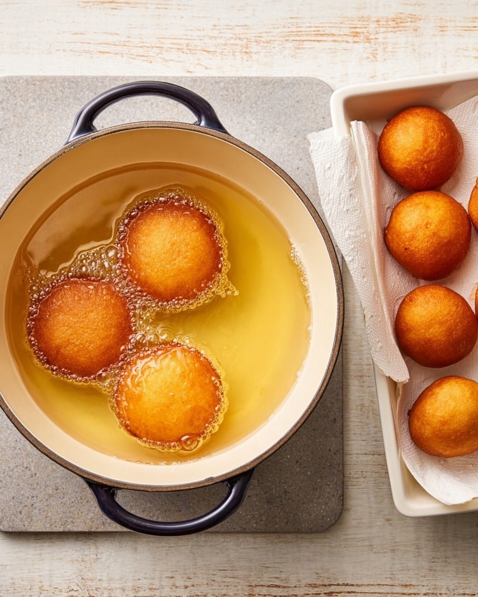 The image shows three round dough pieces frying in hot golden oil inside a white pot with dark handles, placed on a light grey stone surface. To the right, there is a white tray lined with paper towels holding seven golden-brown fried dough balls, arranged in two rows, with a smooth and shiny texture. The background is a worn white wooden surface. Photo taken with an iphone --ar 4:5 --v 7