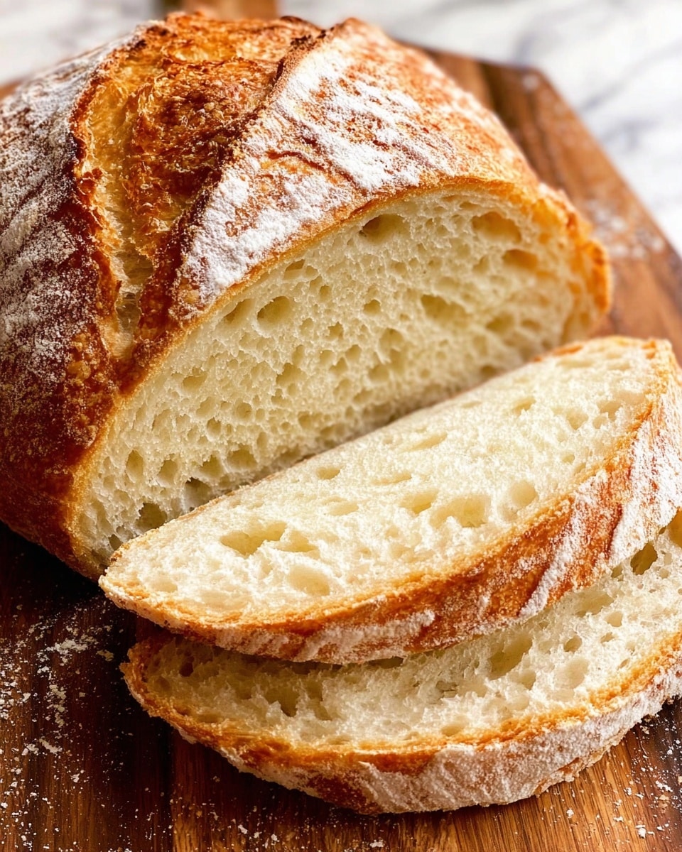 A close-up image of a fresh loaf of bread with three slices cut off and placed in front of it, showing a golden-brown crust with a light dusting of flour and a soft, airy, cream-colored inside with many small holes. The bread rests on a wooden surface with a white marbled texture blurred in the background. Photo taken with an iphone --ar 4:5 --v 7