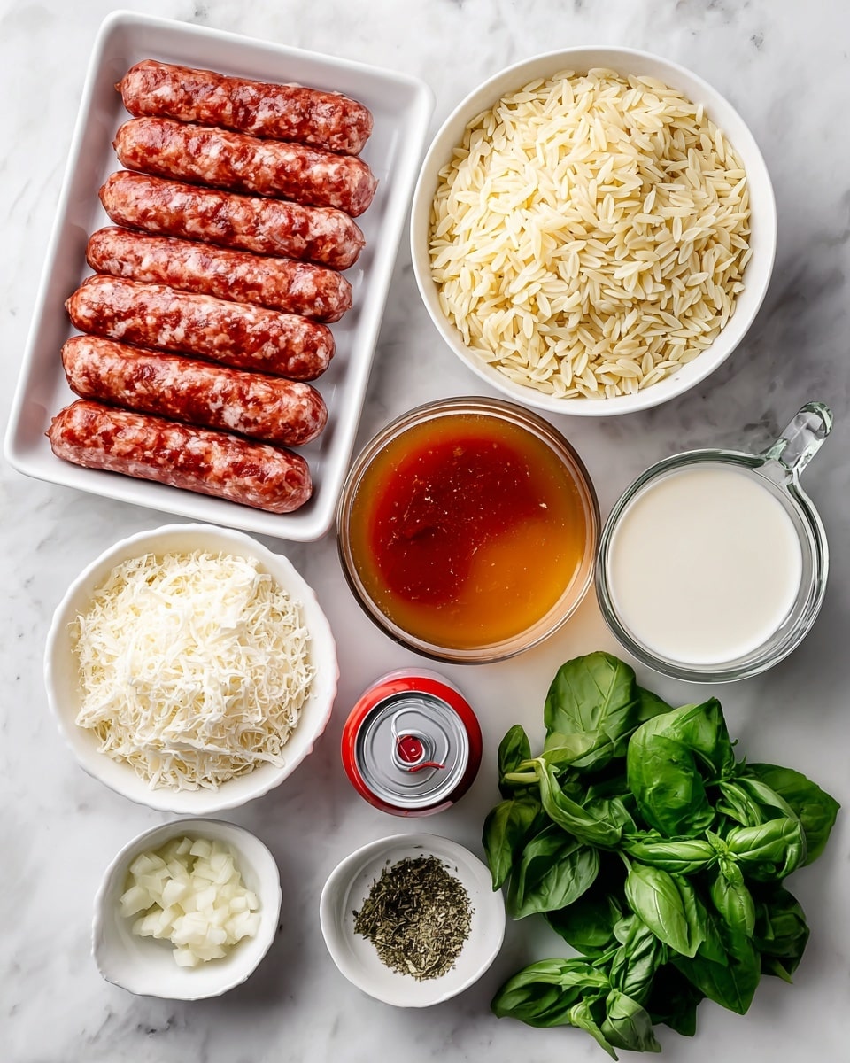 The image shows a white marbled surface with several ingredients neatly arranged. At the top left, there is a white tray holding tightly packed hot Italian sausage links, reddish in color with visible spices in the casing. Next to it, on the right, a white bowl is filled with uncooked orzo pasta, small and pale yellow in color. Below the tray, a white bowl contains finely grated parmesan cheese, soft and crumbly white. To the right of the parmesan, a clear measuring cup is filled with amber-colored chicken broth, and next to it, another clear measuring cup holds thick, white heavy cream. Below the broth cup, there's a small white bowl with finely chopped white onions. Near the center, a red can of tomato sauce rests tilted slightly to the side. At the bottom left, two small white bowls contain minced garlic, pale yellow, and dried oregano, dark green flakes. To the bottom right, fresh bright green basil leaves are laid out loose, showcasing their smooth texture and veins clearly. photo taken with an iphone --ar 4:5 --v 7