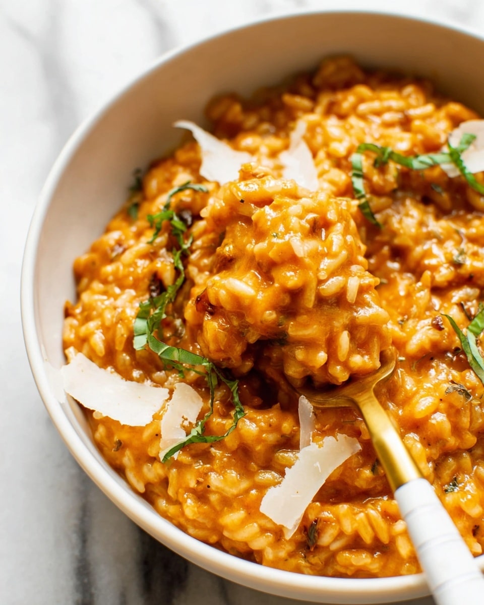 Close-up view of creamy orange risotto served in a white bowl, with visible grains coated in a thick, smooth sauce. The dish is mixed with green basil leaves scattered on top, and thin white shavings of cheese are spread unevenly around. A golden fork with a white handle is lifting a portion of the risotto, showing a rich, dense texture mixed with small bits of herbs and spices. The background features a white marbled surface. Photo taken with an iphone --ar 4:5 --v 7