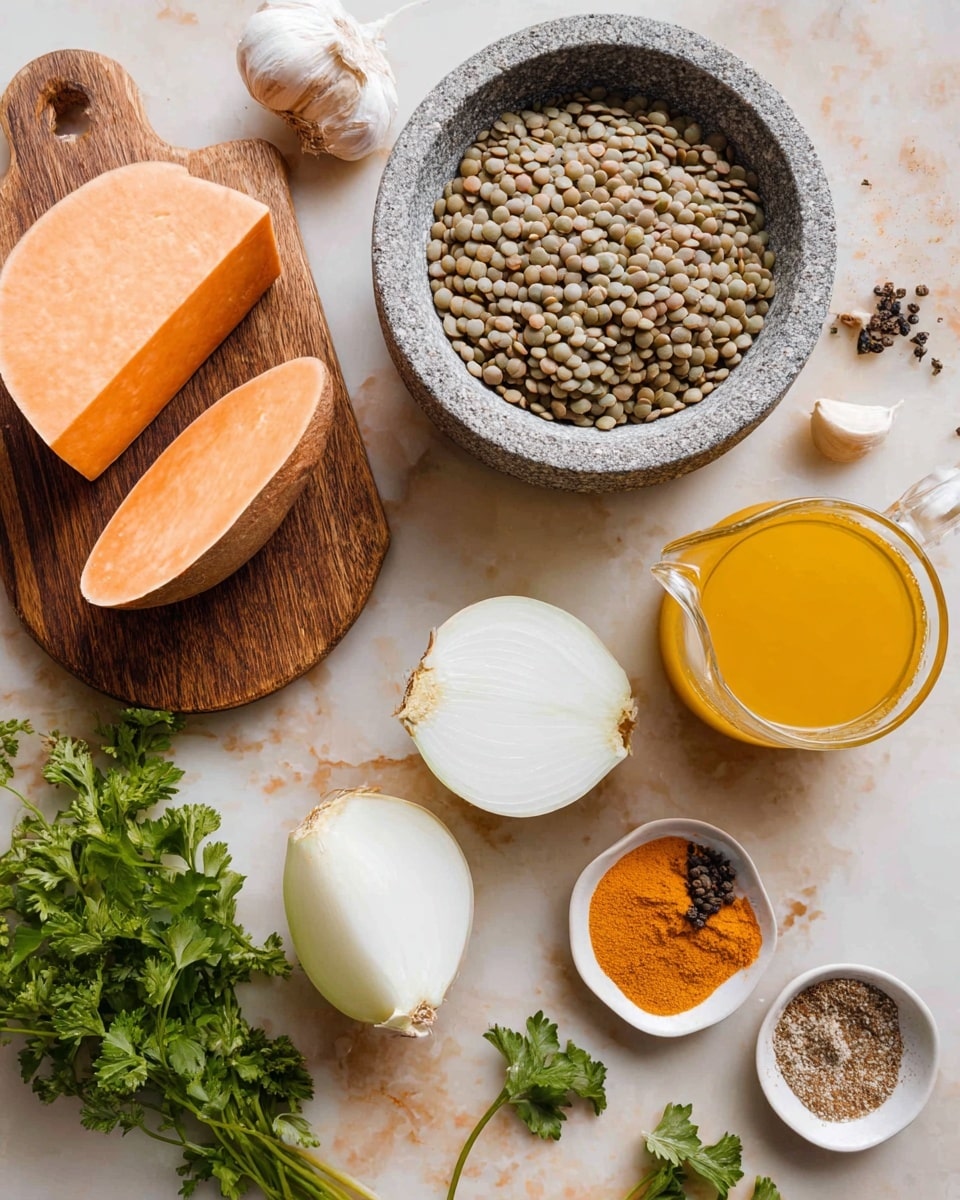 The image shows a top view of cooking ingredients arranged on a white marbled surface. On the left, there is a wooden cutting board with a thick cut sweet potato piece in orange, and two large white onion halves with smooth texture beside it. Above the cutting board, a grey stone bowl holds a large pile of round lentils in shades of light brown and green. To the right of the lentils, small white dishes contain a bright orange powder, ground cumin, and coarsely ground black pepper. A small white bowl holds clear olive oil near some garlic cloves and bright green parsley sprigs scattered across the surface. Finally, a clear glass jug filled with rich orange-yellow broth completes the setup. Photo taken with an iphone --ar 4:5 --v 7