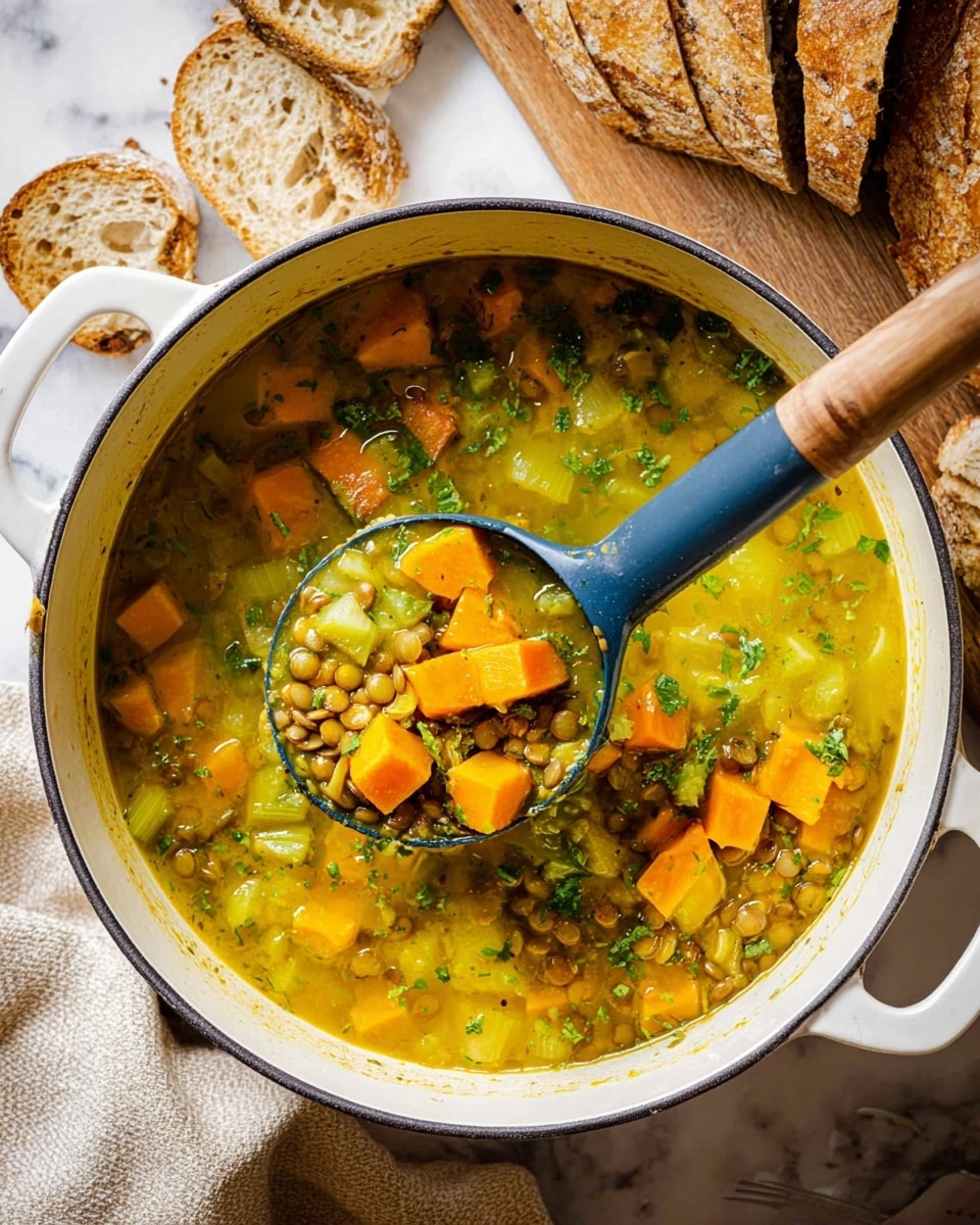 The image shows a white pot filled with a warm soup that has three main layers: small orange chunks of sweet potatoes, light green celery pieces, and small brown lentils in a yellowish broth with green herbs sprinkled throughout. A blue ladle with a wooden handle dips into the soup, holding a scoop that clearly shows all these ingredients. Around the pot, there are slices of bread with different brown crusts and a beige cloth resting on a wooden board, all set against a white marbled surface. photo taken with an iphone --ar 4:5 --v 7