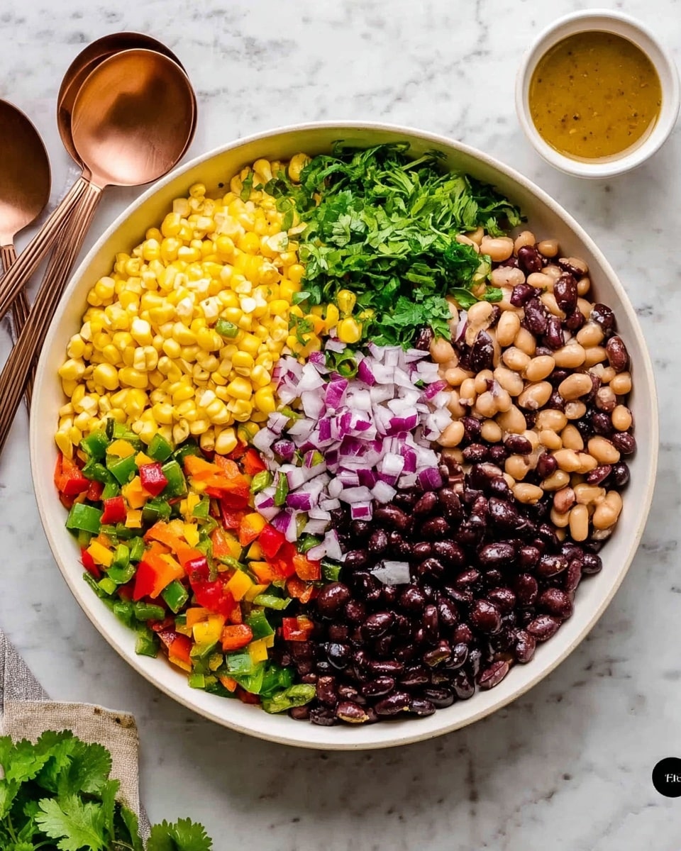 A white bowl filled with five colorful layers arranged in sections: bright yellow corn at the top left, light brown beans with dark spots at the top right, finely chopped red onions with a purple and white mix in the center, dark black beans at the bottom, and a mix of green, orange, and red chopped bell peppers on the left side. Bright green cilantro leaves garnish the onions and peppers. The bowl is set against a white marbled surface, with two copper spoons on the left and a small white bowl with light brown dressing on the right. Photo taken with an iphone --ar 4:5 --v 7