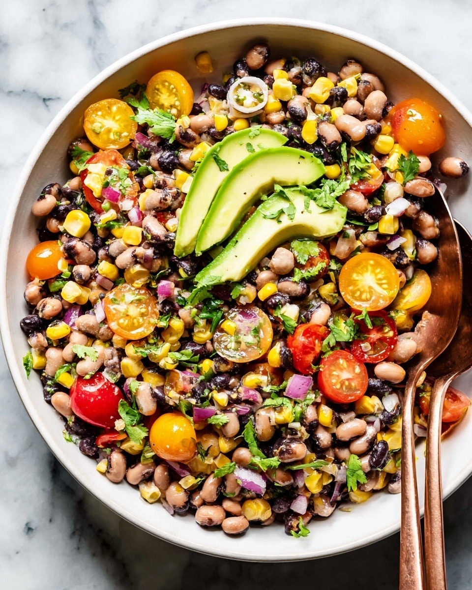 A white bowl filled with a colorful mix of black beans, black-eyed peas, sweet corn, and chopped red onion, with bright yellow and red cherry tomato halves scattered throughout. On top, there are three thin slices of green avocado laid side by side, garnished with fresh green cilantro leaves. Two copper spoons rest inside the bowl on the right side, partially covered by the bean salad. The bowl is placed on a white marbled surface. photo taken with an iphone --ar 4:5 --v 7