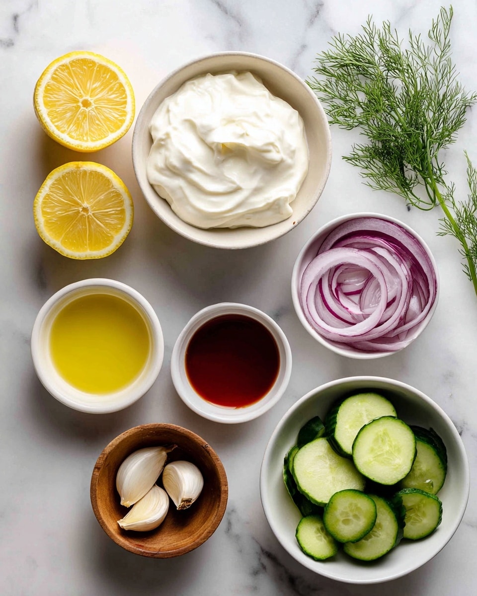 The image shows several small white bowls and a white marbled surface underneath. In the top left, there are two lemon halves with bright yellow flesh and a rough yellow peel. Below the lemons is a bowl with smooth, creamy white Greek yogurt. To the right of the lemons is a small white bowl filled with a light yellow olive oil. Next to it is a small white bowl containing a clear red vinegar. Below the vinegar is a small wooden bowl holding two garlic cloves, one white and one brownish. In the center right is a rounded white bowl with thin rings of purple onion. At the bottom right corner, part of a white bowl is filled with thin, round slices of green cucumber with dark green skin and pale green centers. A small bundle of fresh dill with green feathery leaves is placed near the top right. The overall look is neat with fresh ingredients placed carefully on the white marbled surface photo taken with an iphone --ar 4:5 --v 7