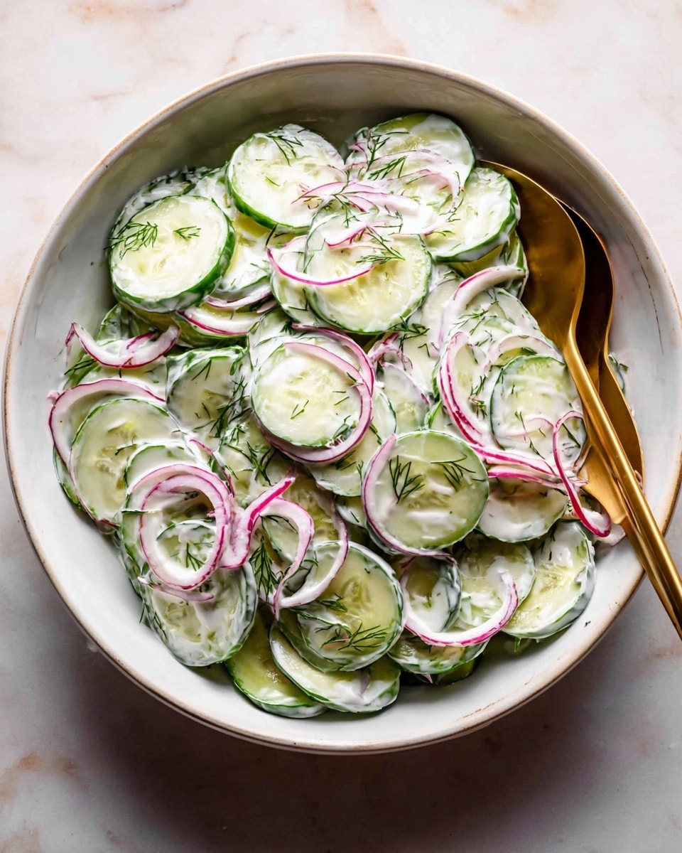 A white bowl filled with a cucumber salad that has about two main layers: the bottom is thin, round cucumber slices with green edges and pale green centers, and the second layer is thin rings of red onion scattered on top. Both are coated evenly with a creamy white dressing that looks smooth, and small bright green dill sprigs are sprinkled throughout. Two golden spoons rest inside the bowl, partially covered by the salad. The bowl sits on a white marbled surface. photo taken with an iphone --ar 4:5 --v 7