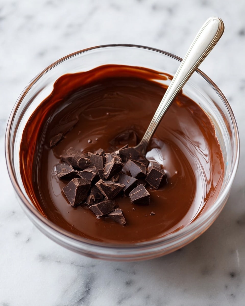 A clear glass bowl filled with smooth, shiny dark brown melted chocolate, with a small pile of solid chocolate pieces on top near the center. A metal spoon is partly submerged in the melted chocolate, with its handle extending out over the edge of the bowl. The bowl sits on a white marbled surface that shines softly under the light. photo taken with an iphone --ar 4:5 --v 7