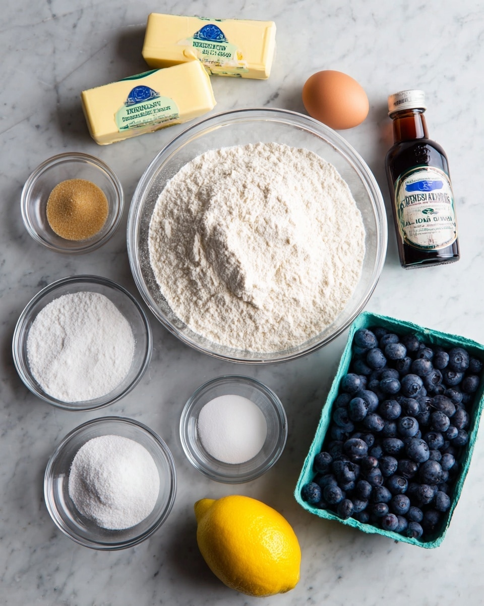 The image shows ingredients for baking arranged on a white marbled surface: a large clear glass bowl filled with white flour is in the center, surrounded by smaller clear bowls holding light brown sugar, white sugar, baking powder, and salt. There are two sticks of unsalted butter in their wrappers placed above the flour, along with a small bottle of vanilla extract on the right side. To the lower right, a green carton is filled with fresh blueberries, and below the flour bowl, there is a whole yellow lemon and a single brown egg. The colors are natural and the textures range from powdery flour, smooth egg, firm lemon skin, to soft blueberries. Photo taken with an iphone --ar 4:5 --v 7