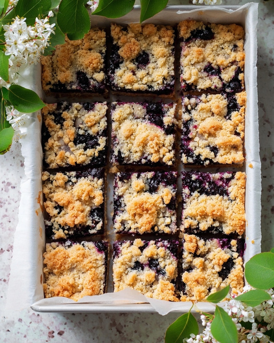 The image shows a white square baking pan lined with parchment paper filled with nine cut dessert squares with crumbly golden brown topping and dark purple fruit filling visible underneath. The crumb layer is rough and uneven with small clusters sprinkled on top. The filling contrasts with deep purple and almost black spots peeking through in spots. The background has a white marbled surface and green leafy branches with small white flowers surround the pan. Photo taken with an iphone --ar 4:5 --v 7