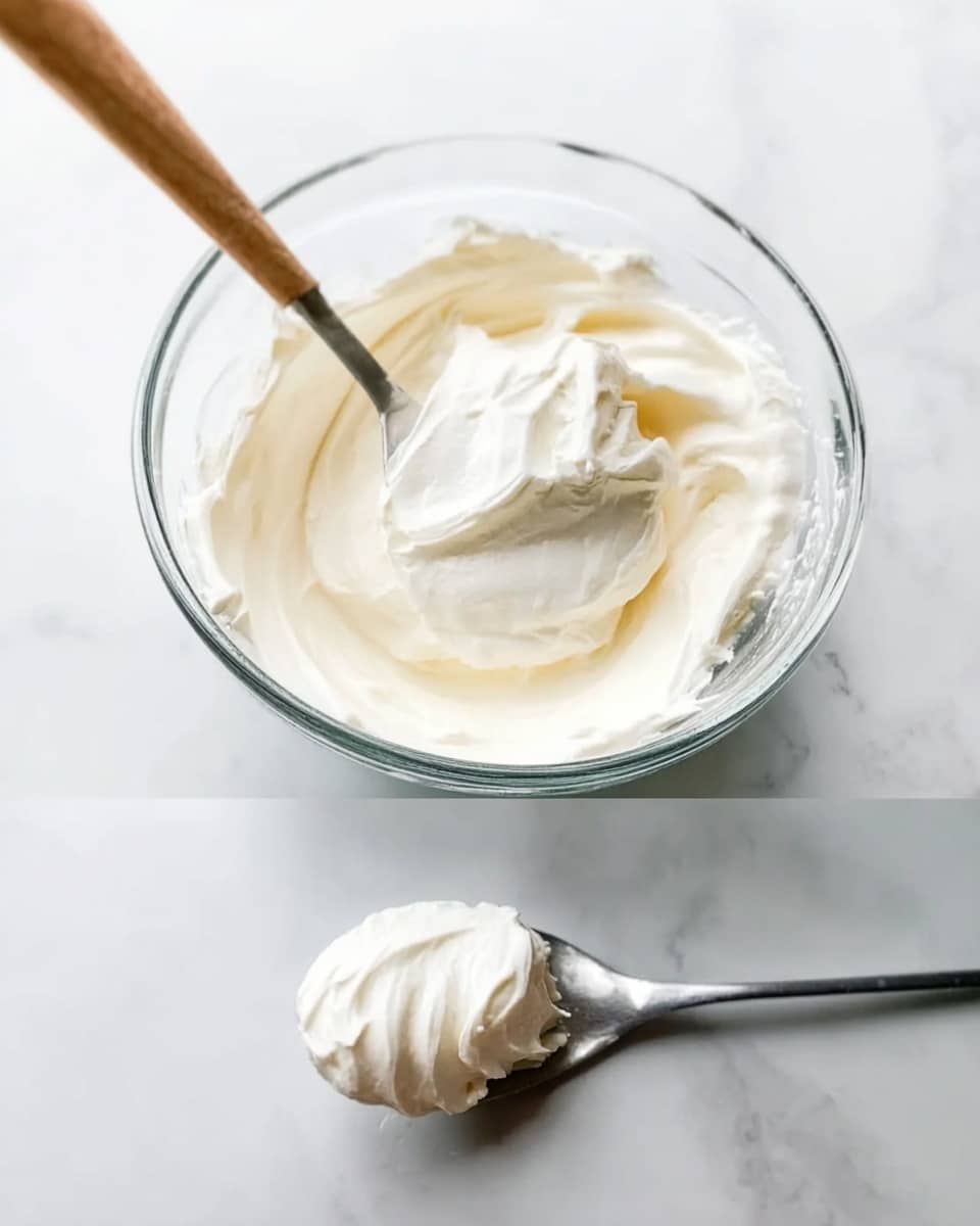 The image shows a clear glass bowl filled with thick, white cream being mixed with a wooden spoon. The texture looks smooth and fluffy. Next to the bowl is a silver spoon holding a small dollop of the same cream. The background is a white marbled surface. photo taken with an iphone --ar 4:5 --v 7